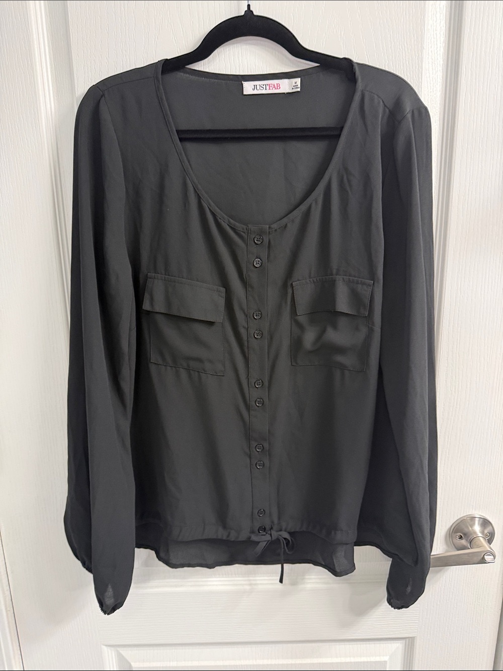 JustFab Black Button-Front Long Sleeve Blouse Drawstring Hem Minimalist Goth